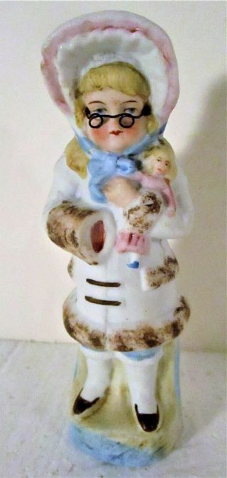 Cute Ca 1900 German Colored Bisque Little Girl W/doll,  Muff And Wearing Glasses