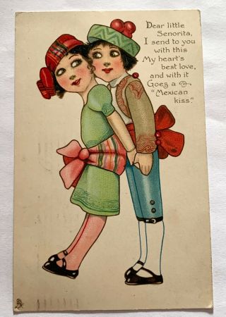 Vintage Raphael Tuck Valentine Postcard - Wooden Wooers Series - Mexican Couple