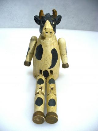 Wooden Shelf Sitter Cow Black White Jointed Hand Carved Decorative Figurine