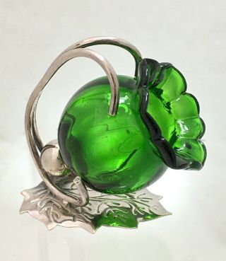 Antique Open Salt Cellar Silver Epns Leaf Holder Floral Green Art Glass Insert