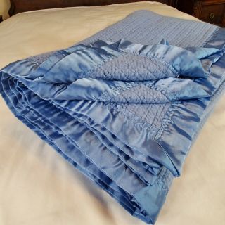 Vintage Waffle Weave Acrylic Blanket Dark Blue Satin Trim Thermal 91 " X 104 " Usa