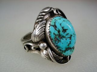 Ornate Vintage Navajo Stamped Sterling Silver & Turquoise Ring Size 12.  5