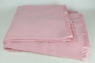 Vintage Large Pink Woven Acrylic Satin Nylon Trim Blanket 70 " X 88” Made In Usa