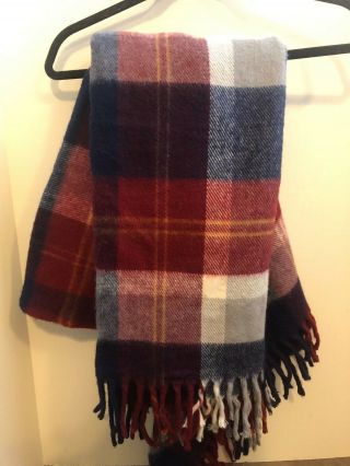 Faribo Challenger Red,  White And Blue Plaid Fringe Blanket 55 " X 52 " Made Usa
