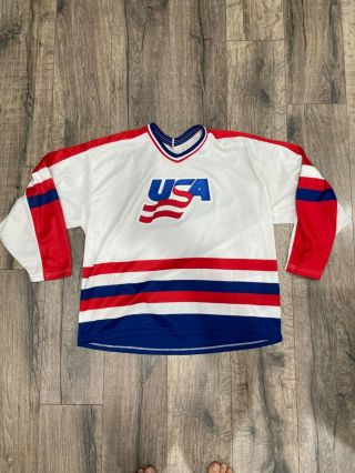 Vintage Ccm Team Usa White Red Blue Made In Usa Hockey Jersey Xl