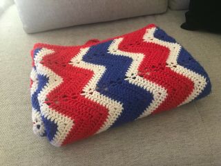 Red White & Blue Handmade Crochet Knit 3 Color Ripple Usa Blanket Throw Afghan