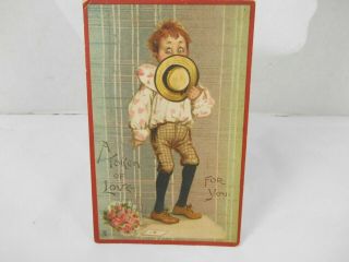 Vintage Raphael Tuck Valentines Day Postcard Little Boy Straw Hat Roses